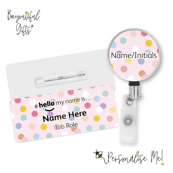 #hello my name is... Name Badge & Metal ID Reel - Pastel Polka Dots