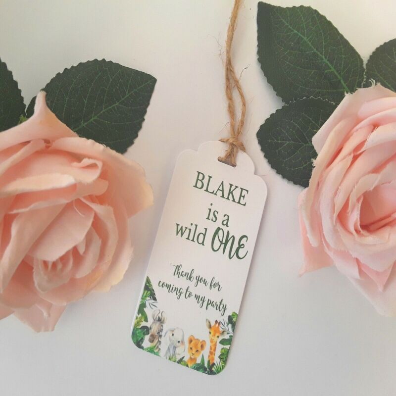 6 Personalised Wild One Favour Tags,Baby Safari Party Bag Tags,1st Birthday Tags - 7.5cm x 4cm - Twine