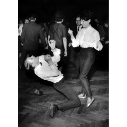 Holy Mackerel couple doing the twist retro black and white photographic card featuring a vintage image of a man and a woman dancing - 12.6 x 17.7cm and blank inside