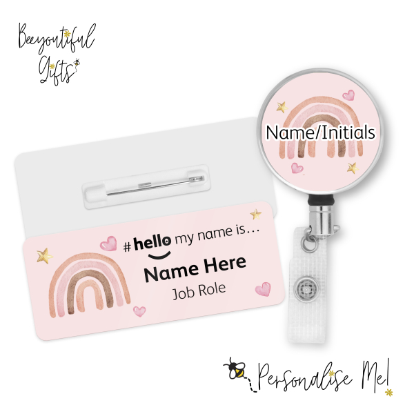 #hello my name is... Name Badge & Metal ID Reel - Pink Pastel Rainbow