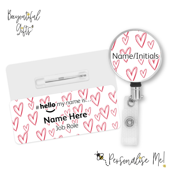 #hello my name is... Name Badge & Metal ID Reel - Scribble Hearts