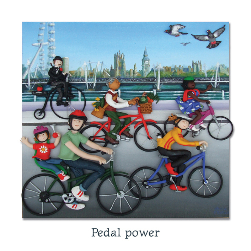 Holy Mackerel pedal power london themed blank greeting card - designed by artist Erica Sturla - 15cm square and blank inside for your own message