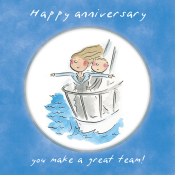 Holy Mackerel Great team, a 15cm square anniversary card featuring Rosie Brooks artwork, blank inside for your message. Anniversary card for him, her, husband, wife, couple etc