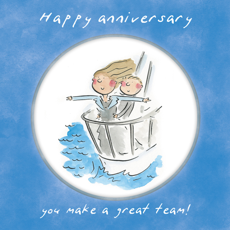 Holy Mackerel Great team, a 15cm square anniversary card featuring Rosie Brooks artwork, blank inside for your message. Anniversary card for him, her, husband, wife, couple etc