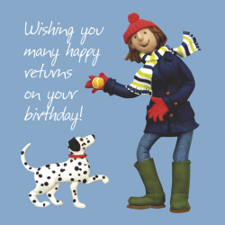 Holy Mackerel Many Happy Returns birthday card - a female dog themed birthday card by Erica Sturla with an image of one of her polymer clay figures - 15cm square and blank inside - made in the UK