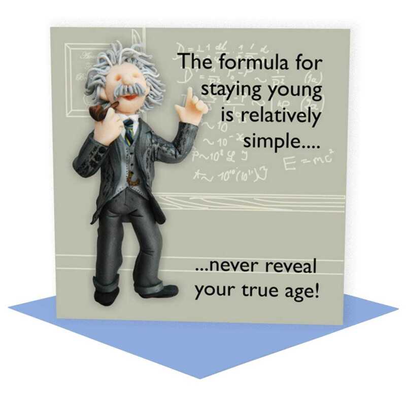 Relatively simple Albert Einstein themed birthday card - designed by Erica Sturla - 15cm square and blank inside, made in the UK