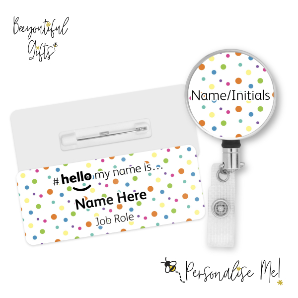 #hello my name is... Name Badge & Metal ID Reel - Rainbow Polka Dots Hello My Name is...