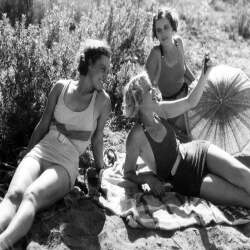 Holy Mackerel three women relaxing retro black and white photographic card featuring a vintage image of friends at the beach - 12.6 x 17.7cm and blank inside
