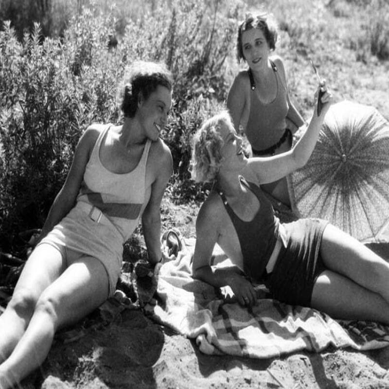 Holy Mackerel three women relaxing retro black and white photographic card featuring a vintage image of friends at the beach - 12.6 x 17.7cm and blank inside