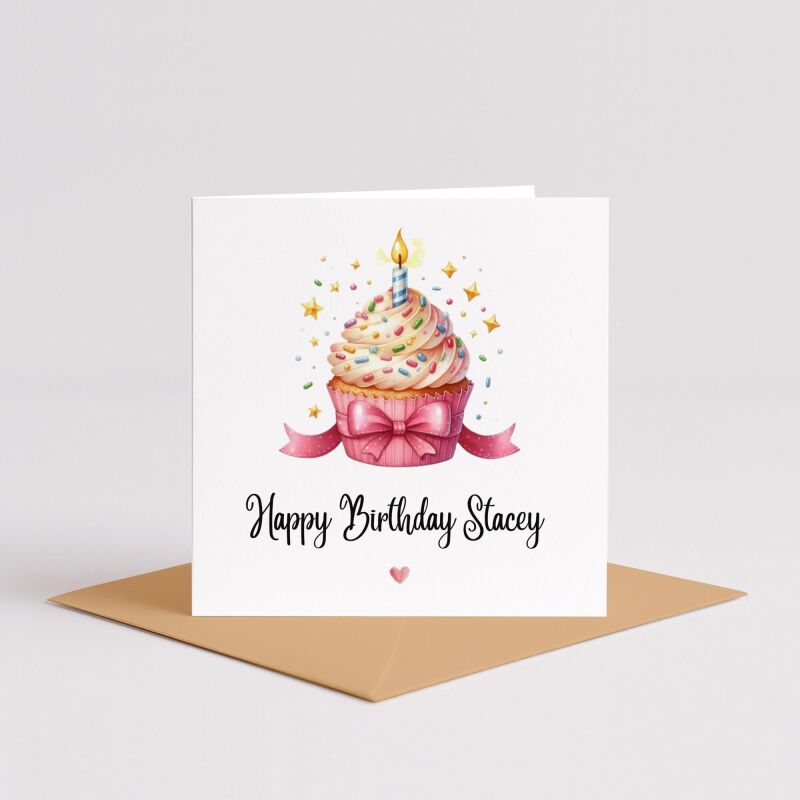 Personalised birthday card pink cupcake candle bow handmade greeting for her or him - Smooth No Message - Kraft Brown