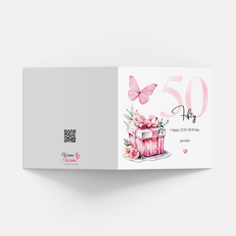 Personalised 50th Birthday Card for Her Pink Butterfly, Gift Box & Flowers Milestone Greeting Womens - Smooth No Message - Kraft Brown