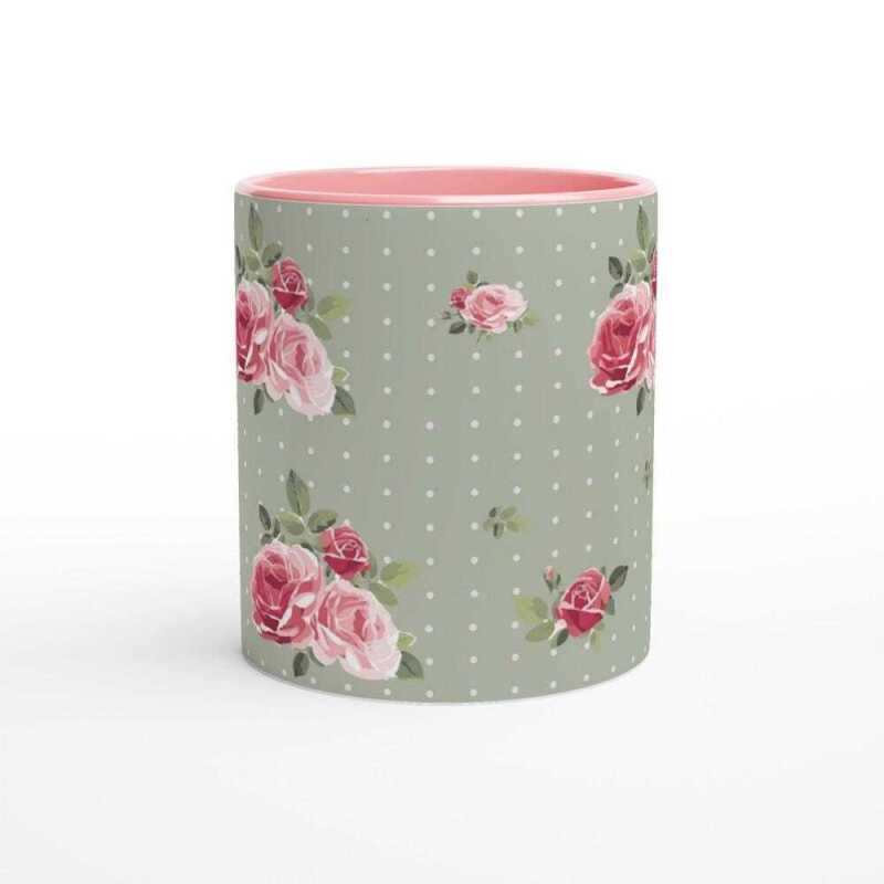 Pink Roses On Green Mug