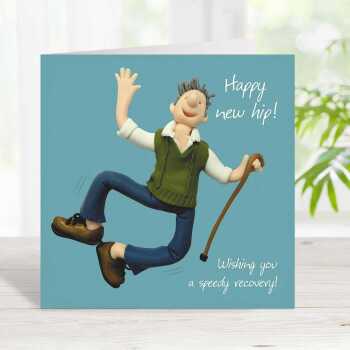 Funny male happy new hip card to send get well wishes - designed by Erica Sturla - 15cm square and blank inside, made in the UK
