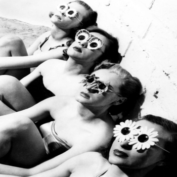 Holy Mackerel swimsuits and shades retro black and white photographic card featuring a vintage image of swimwear models wearing sunglasses - 12.6 x 17.7cm and blank inside