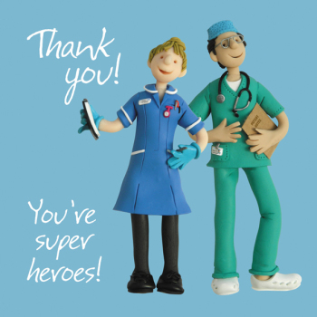Holy Mackerel Thank you Superhero Doctors and Nurses Greetings Card by Erica Sturla from One Lump or Two occasions range. Card is 15cm square and blank inside for your own message