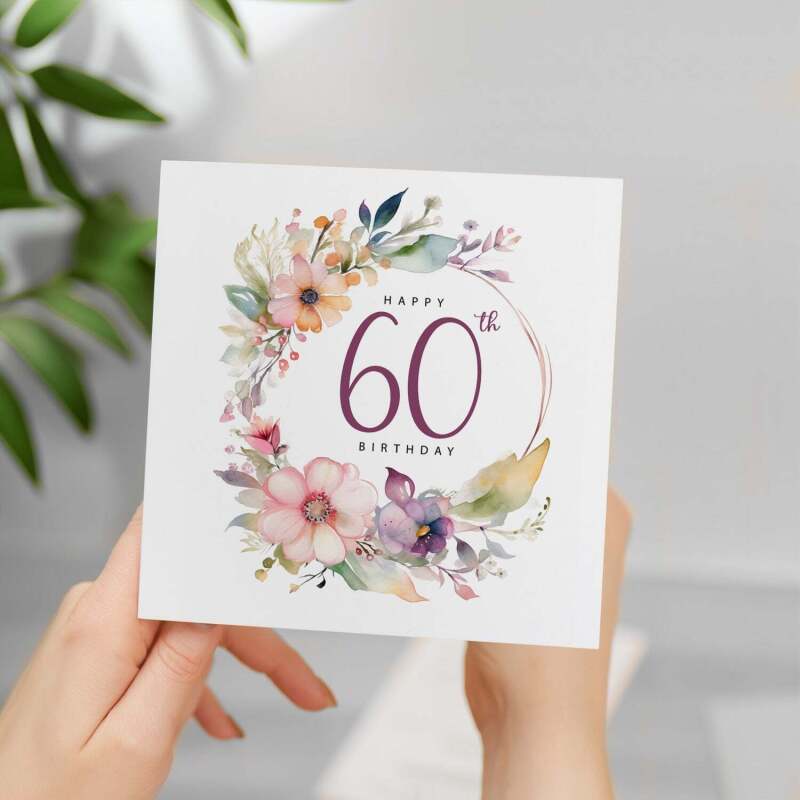 60th Birthday Card For Her Floral Sixtieth Birthday Card Sixty Card For Mum Gran Grandma Auntie 60 Card For Friend Floral Design - Square (5.5x5.5) / Blank Inside