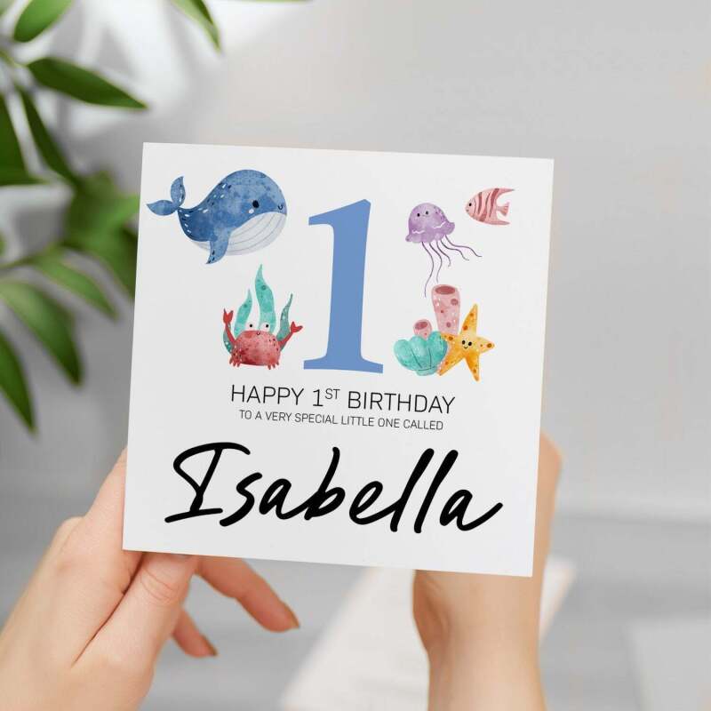 Personalised 1st Birthday Children's Card Sealife Themed First Birthday Card For Boy or Girl One Year Custom Card - Square (5.5x5.5) / Blank Inside
