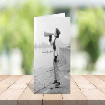 Rowing cox, black and white vintage photographic card featuring a cox encouraging her crew - 12.6 x 17.7cm and blank inside - made in the UK