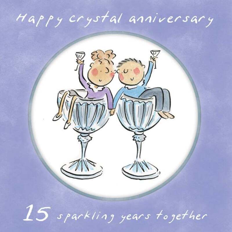 Holy Mackerel 15th (crystal) wedding anniversary card by Artist Rosie Brooks. 15cm square and blank inside. Anniversary card for him, her, husband, wife, couple etc