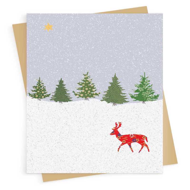 Stag in the snow Christmas card -  designed by Eloise Hall - 15.7 x 11cm and blank inside, made in the UK