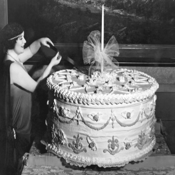 Holy Mackerel birthday candles retro black and white photographic card featuring a vintage image of an enormous birthday cake - 12.6 x 17.7cm and blank inside