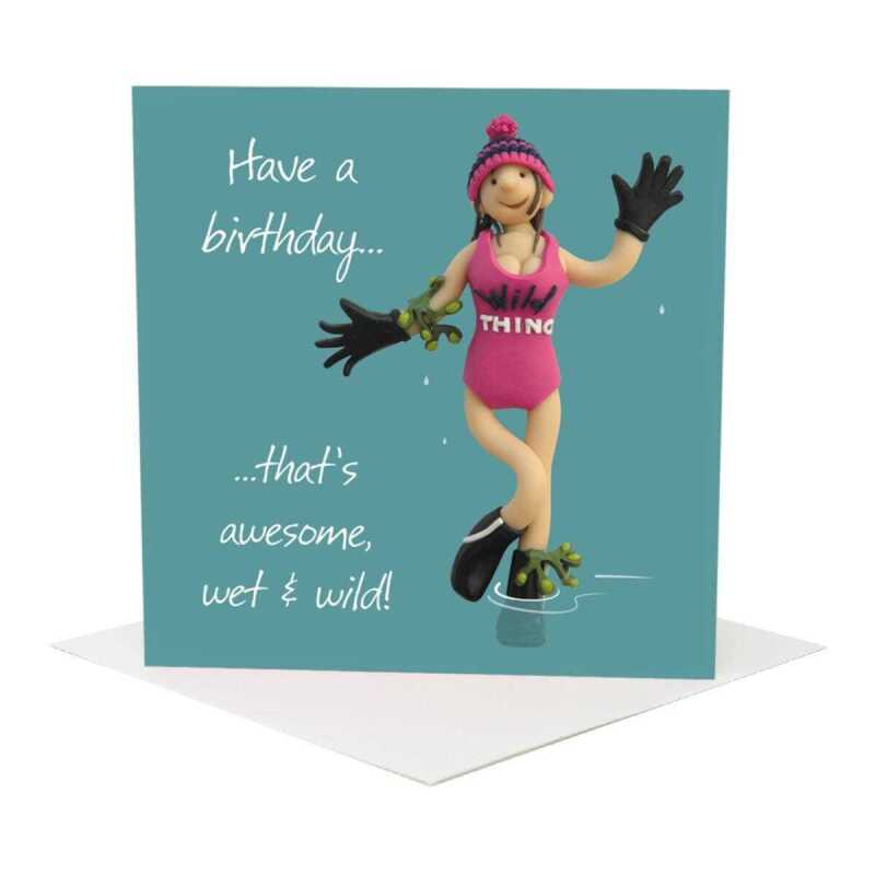 Wild swimming themed birthday card for her - designed by Erica Sturla - 15cm square and blank inside, made in the UK