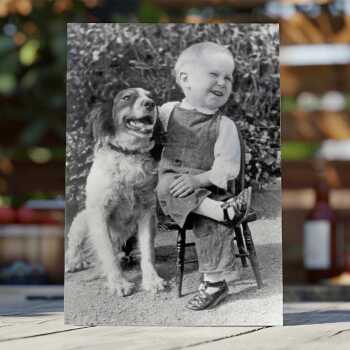 Sharing a joke with a pal, vintage photographic black and white card  - 12.6 x 17.7cm and blank inside - made in the UK