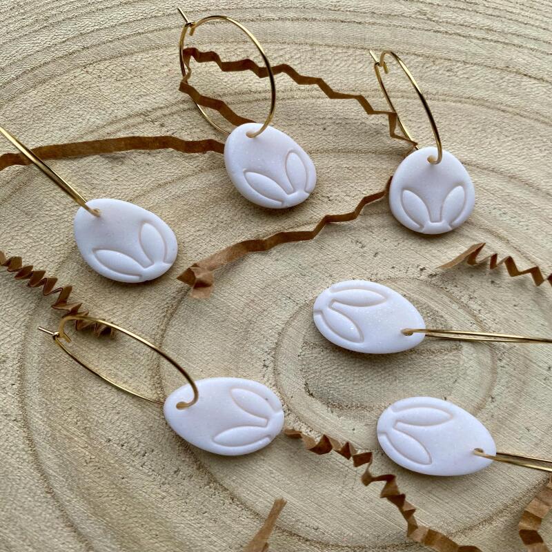 Handmade Polymer Clay Easter Egg Earrings: White Bunny Design - ball studs - silver