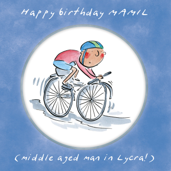 Holy Mackerel Happy birthday MAMIL, a cycling themed Rosie Brooks birthday card, 15cm square & blank inside