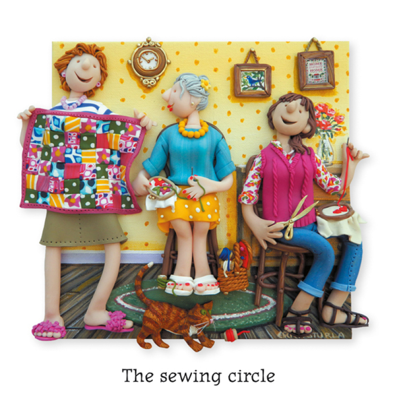 Holy Mackerel the sewing circle needlework and quilting themed blank greeting card - designed by artist Erica Sturla - 15cm square and blank inside for your own message