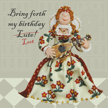 Holy Mackerel funny Elizabeth the First birthday card featuring the queen playing her instrument - designed by artist Erica Sturla - 15cm square and blank inside for your message - made in the UK