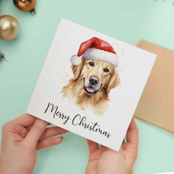 Fun Christmas Card of a Golden Retriever Dog Wearing A Santa Hat Whimsical Watercolour Christmas Card For Animal Lover For Him or Her