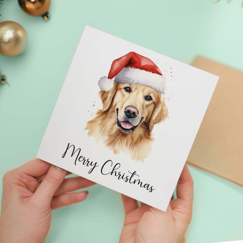 Fun Christmas Card of a Golden Retriever Dog Wearing A Santa Hat Whimsical Watercolour Christmas Card For Animal Lover For Him or Her - Square (5.5x5.5) / Blank Inside