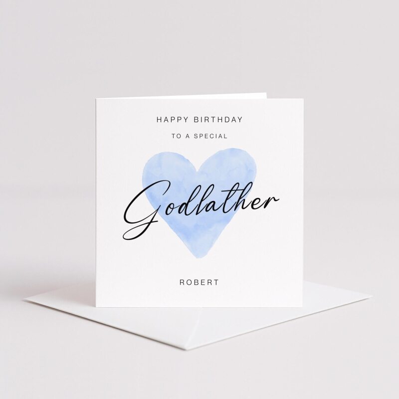 Godfather Birthday Card with Personalised custom name, Blue Watercolour Heart design, Handmade Greeting UK - Smooth No Message - Kraft Brown