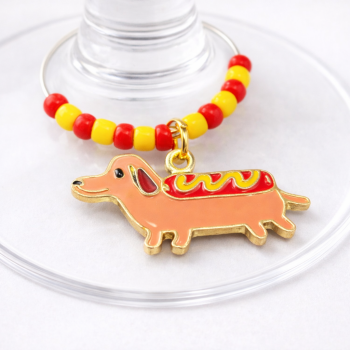 Handmade Wine Glass Charm - Hot Dog Dachshund