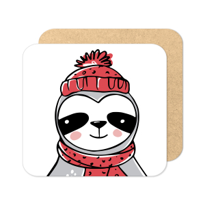 Christmas Coaster - Cartoon Winter Sloth with Hat - Standard Wooden Coaster