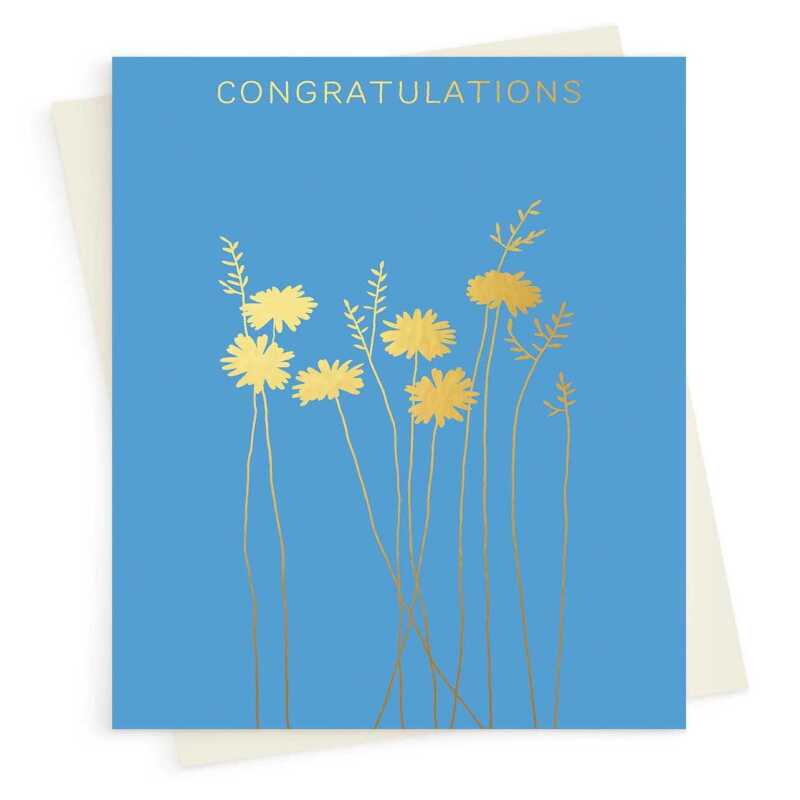 Congratulations card embellished with a gold foil daisy print - designed by artist Eloise Hall - 15.7 x 11cm and blank inside