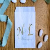 Personalised Wedding Candy Bags | Green Initials Floreal | 15cm × 10cm | White | Cerimony, Bridal, Matrimony, Marriage, Party, Event