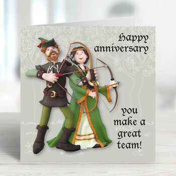 Robin Hood and Marian themed anniversary card- designed by Erica Sturla - 15cm square and blank inside, made in the UK