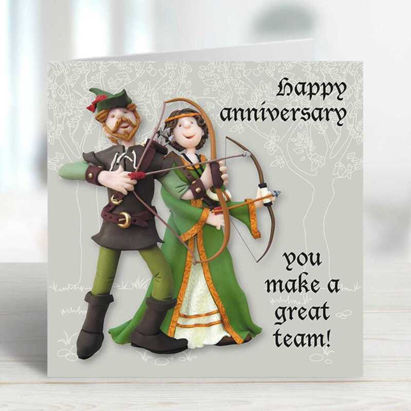 Robin Hood and Marian themed anniversary card- designed by Erica Sturla - 15cm square and blank inside, made in the UK
