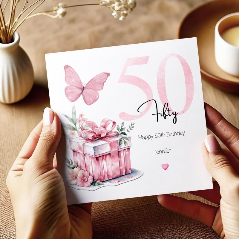 Personalised 50th Birthday Card for Her Pink Butterfly, Gift Box & Flowers Milestone Greeting Womens - Smooth No Message - Kraft Brown