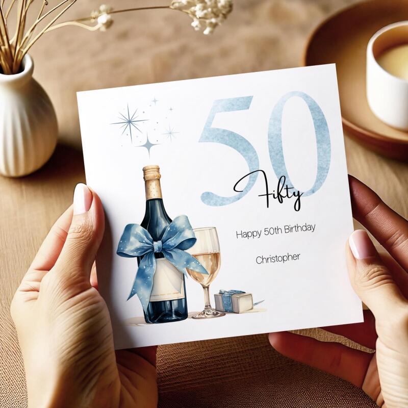 Personalised 50th Birthday Card for Him Blue Champagne Gift Box Milestone Mens - Smooth No Message - Kraft Brown