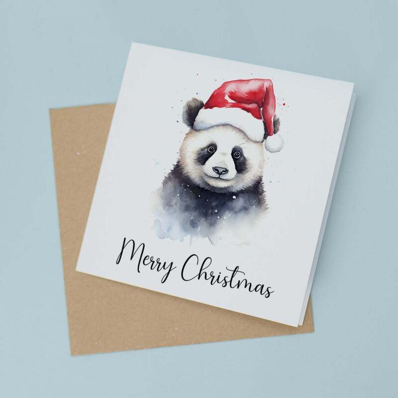 Fun Christmas Card of a Panda Wearing A Santa Hat Whimsical Watercolour Christmas Card For Animal Lover For Him or Her - Square (5.5x5.5) / Blank Inside