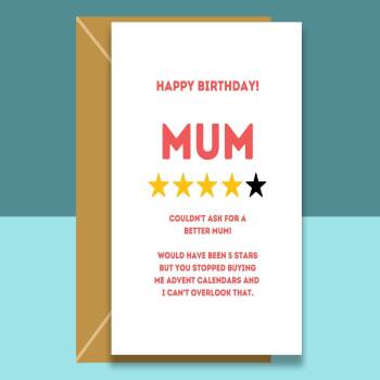Funny Mum Birthday Card - 4 Stars - Best Mum - Sarcastic - 40th, 50th, 60th and more. For her - Personalised if required.