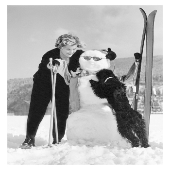 Skier with snowman and poodle