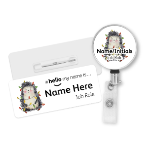 Name Badge & Metal ID Reel - Hedgehog in Christmas Lights Hello My Name is...