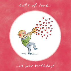 Holy Mackerel Lots of love (male), a trumpet themed Rosie Brooks birthday greetings card, 150mm square, printed in the UK on board from sustainable sources