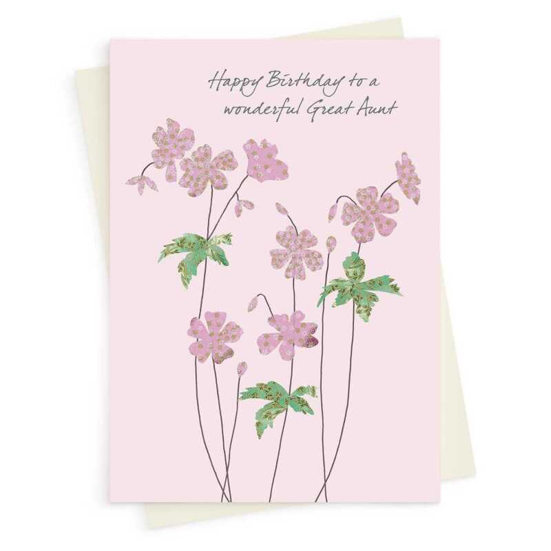 Geraniums great aunt birthday card -  designed by Eloise Hall for Holy Mackerel - 15.7 x 11cm and blank inside, made in the UK