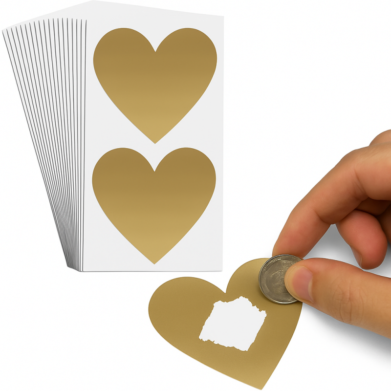 Gold Heart Scratch Off Stickers | 50pcs 7 x 8cm Large Scratch Heart Stickers
