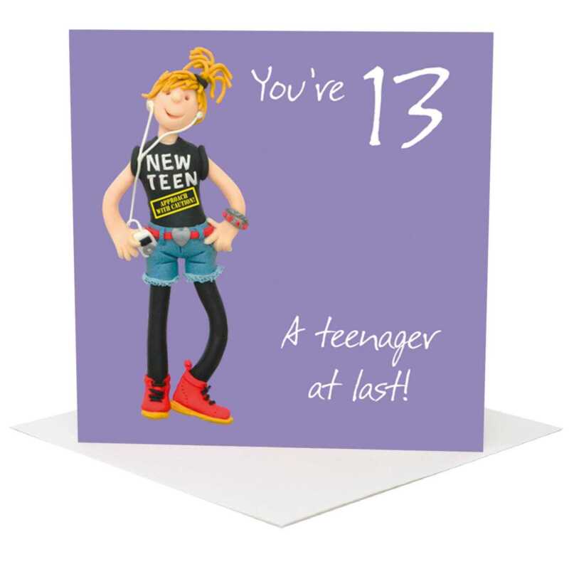 13th birthday card for her - designed by Erica Sturla - 15cm square and blank inside, made in the UK
